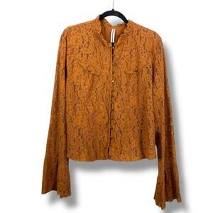 By Anthropologie Orange Lace Long Sleeve Button-Down Top